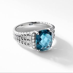 David Yurman Petite Wheaton Ring Blue Topaz w Pave Diamonds